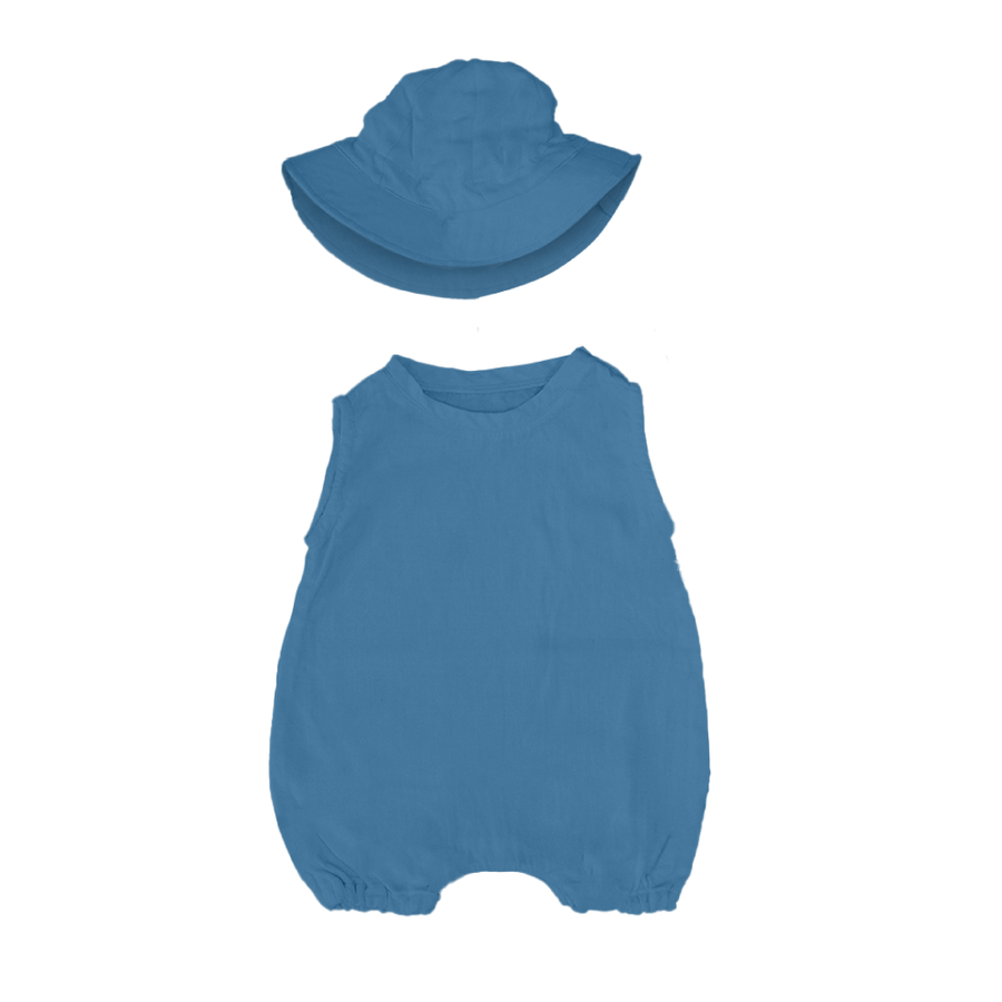 Saeson Tencel Basic Jumpsuit Set in Winter Blue - sleeveless baby jumpsuit with matching sun hat, flat lay