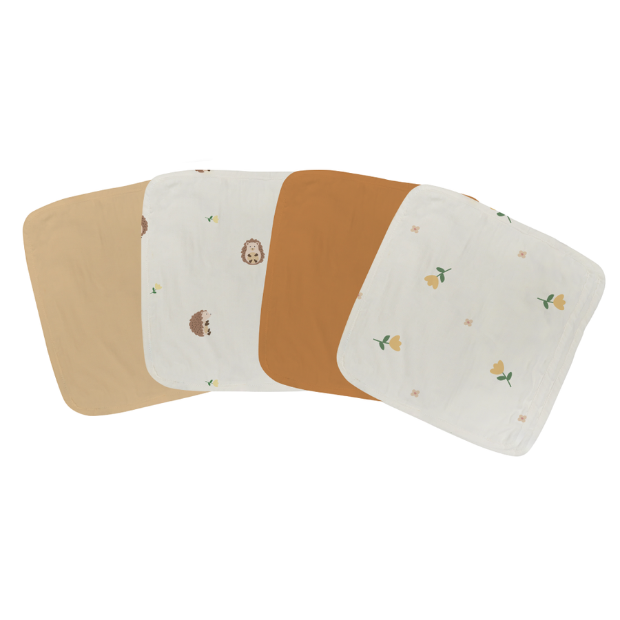 Saeson Tencel Face Terry Towel four-pack - Hedgehog, Beige, Daisy and Caramel baby face towels, flat lay