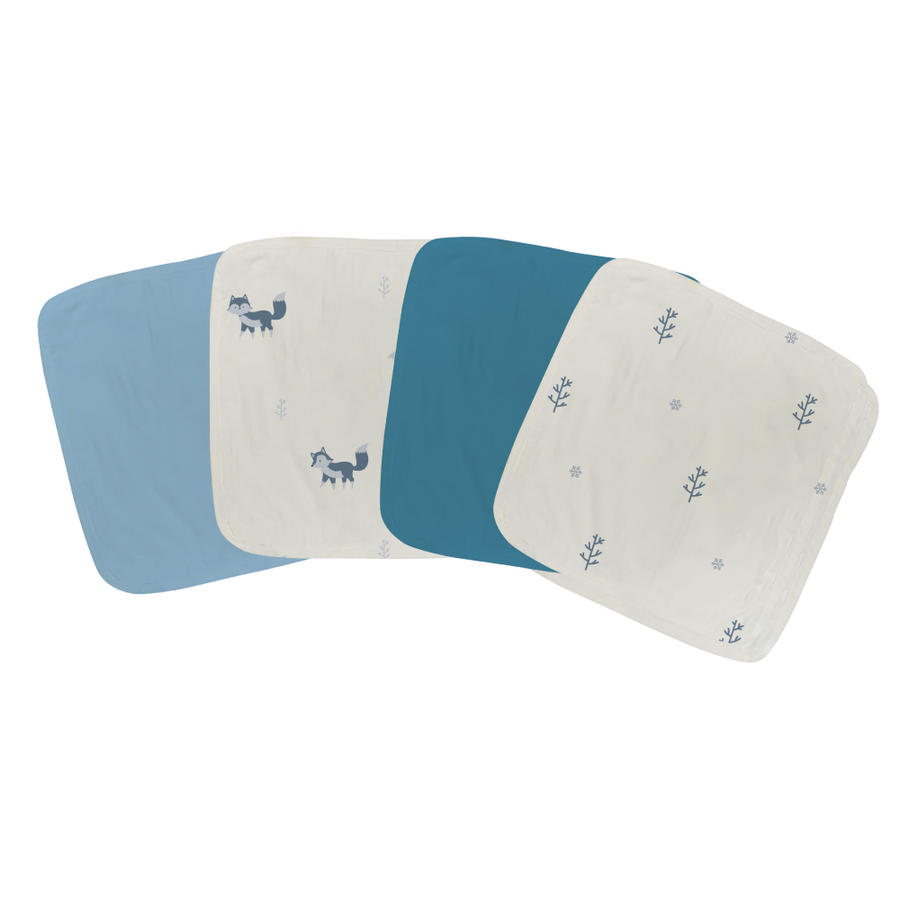Saeson Tencel Face Terry Towel four-pack - White Fox, Sky Blue, Fir Tree and Ocean Blue baby face towels, flat lay