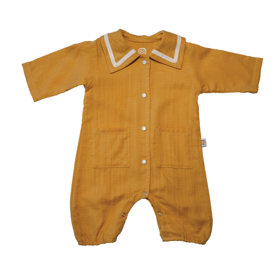 Saeson Little Wanderer Collar Jumpsuit in Summer Yellow - short-sleeve baby jumpsuit, flat lay