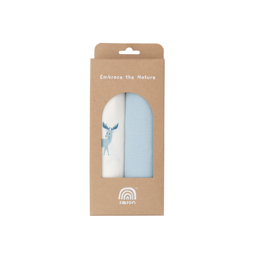 Saeson Tencel Nursing Cloth two-pack in White Moose / Breezy Blue - boxed muslin cloths