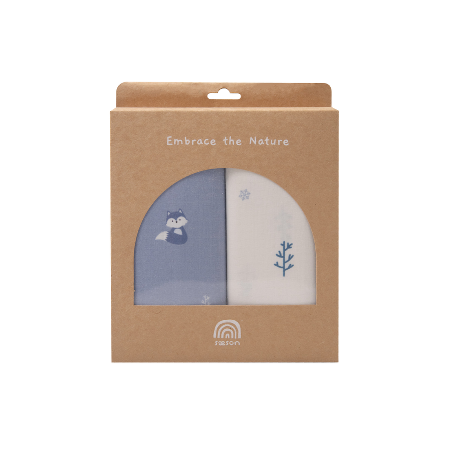Saeson Tencel Swaddling Cloth two-pack in Blue White Fox / Fir Tree - boxed muslin cloths