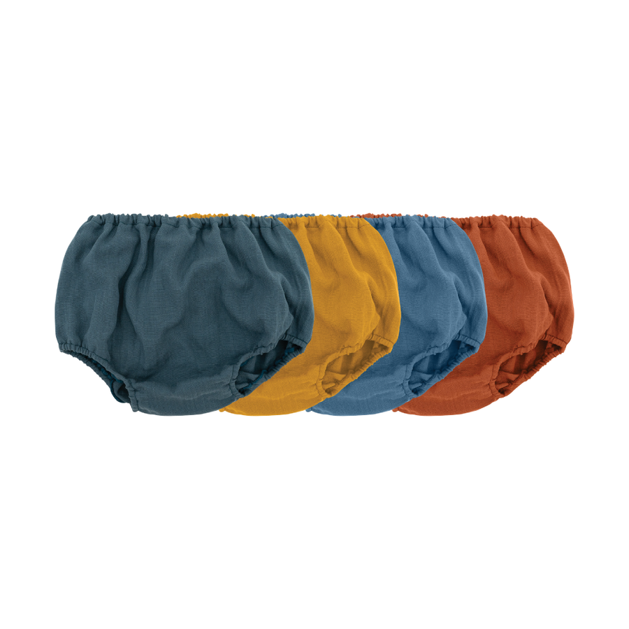 Saeson Underwear Four Seasons set 1 - four pairs of baby pull-on underwear in Spring Green, Summer Yellow, Autumn Brick and Winter Blue, flat lay