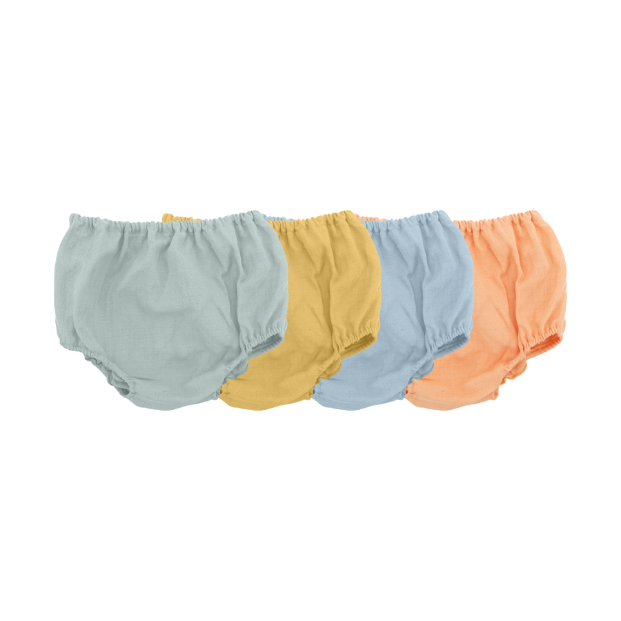 Saeson Underwear Four Seasons set 2 - four pairs of baby pull-on underwear in Blooming Green, Warm Yellow, Soft Peach and Breezy Blue, flat lay