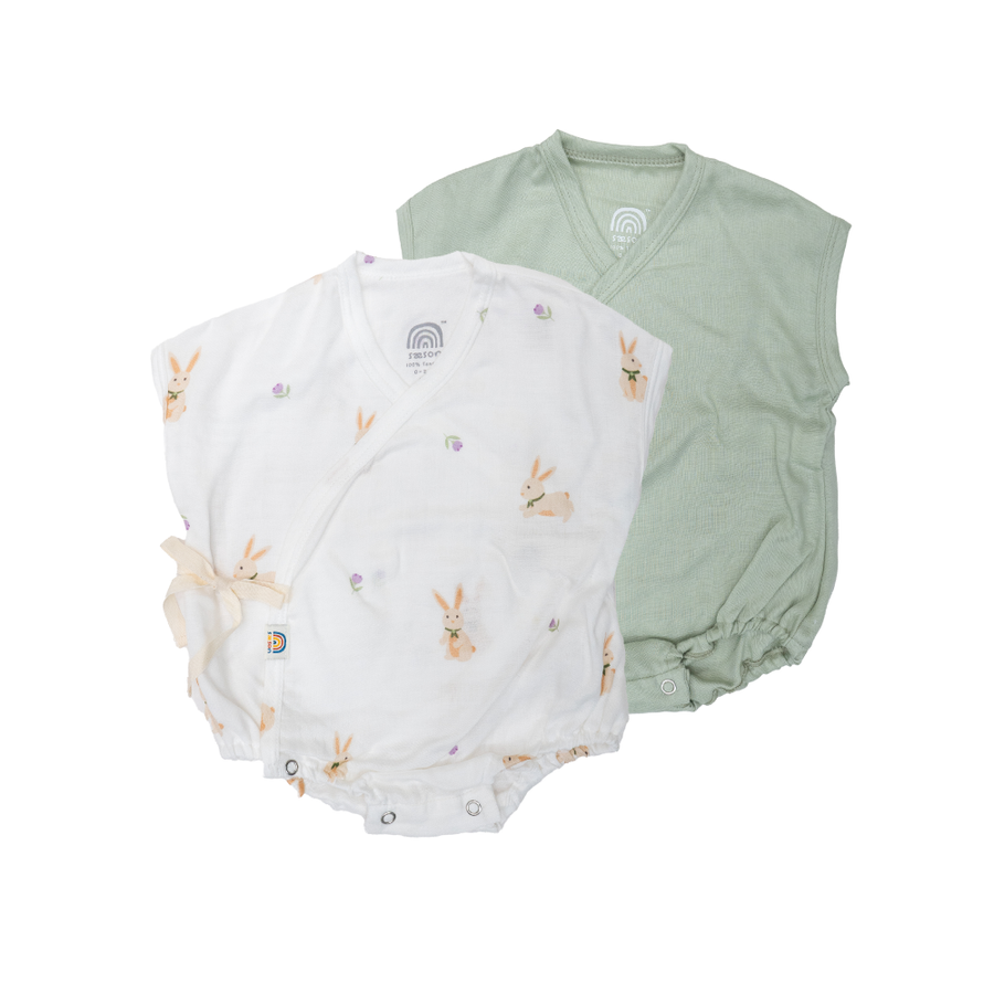 Saeson Baby Bodysuits Short Sleeve Set in Hare / Olive - two kimono-style baby bodysuits, flat lay