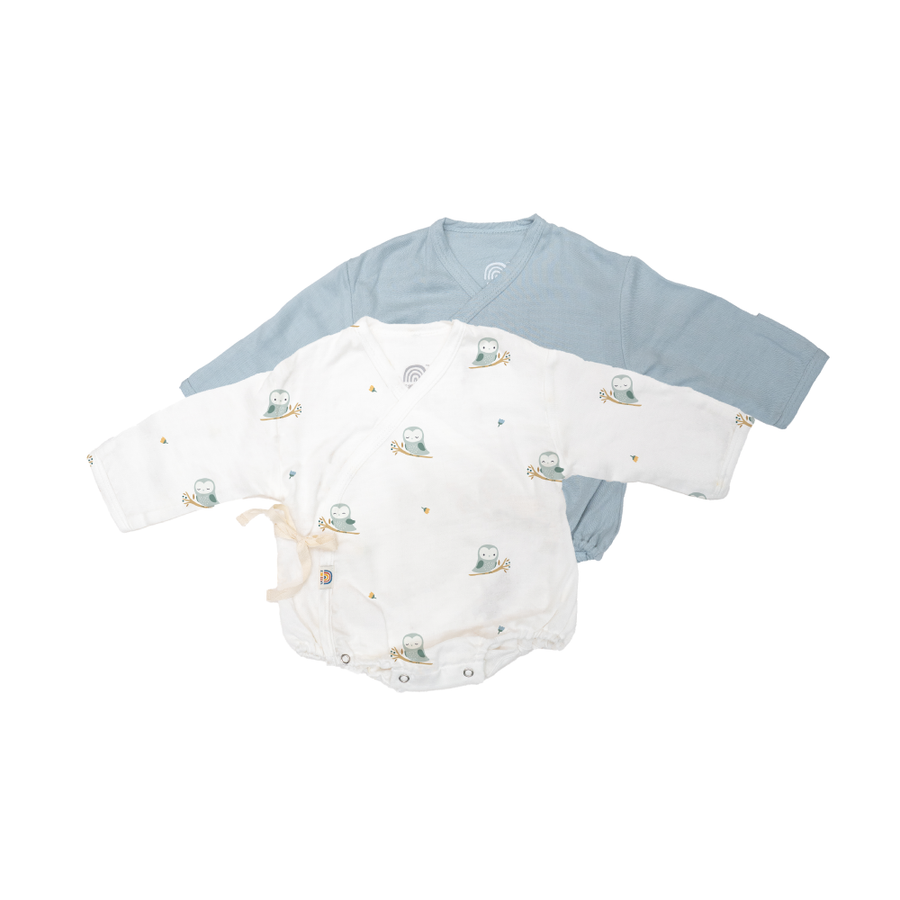 Saeson Baby Bodysuits Long Sleeve Set in Great Grey Owl / Blooming Green - two kimono-style baby bodysuits with fold-over mitten cuffs, flat lay