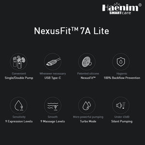 Haenim NexusFit 7A Lite feature summary: single or double pump, USB Type-C, 9 expression levels, 9 massage levels, Turbo mode, under 45dB
