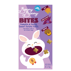 Benny Bunny Bites Pumpkin and Purple Sweet Potato Puffs 6x5g box front