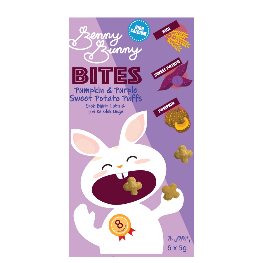 Benny Bunny Bites Pumpkin and Purple Sweet Potato Puffs 6x5g box front