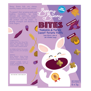 Benny Bunny Bites Pumpkin and Purple Sweet Potato Puffs ingredient and allergen panel