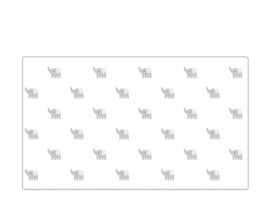 Papazo Playful Pals Roll Play Mat with a repeating grey elephant print on a cream ground