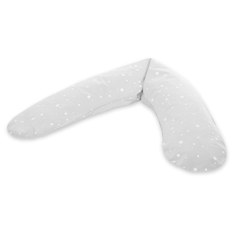 Theraline The Dodo crescent nursing pillow in the Starlet Grey design, small white stars on light grey