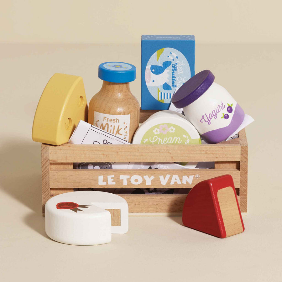 Le Toy Van Cheese & Dairy Wooden Market Crate TV185