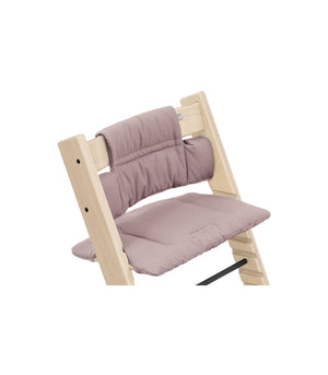 Close-up of the Stokke Tripp Trapp Classic Cushion in Heather Mauve fitted to the chair