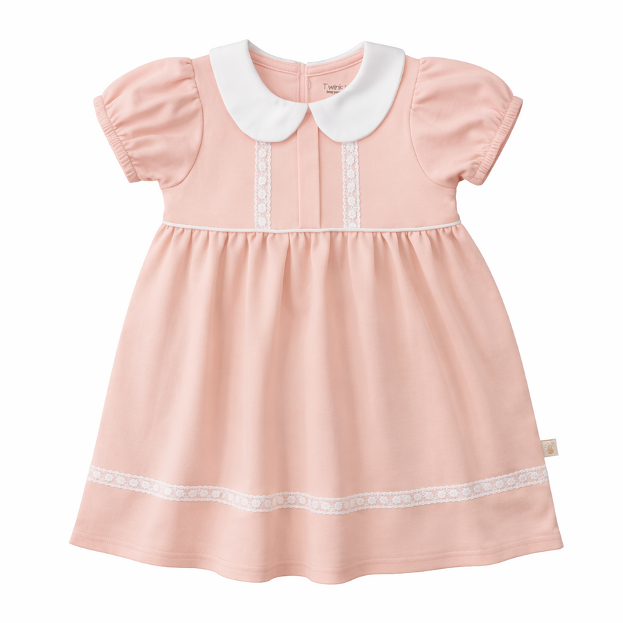 Twinkle Planet Organic Cotton Collar Pleated Sleeves Dress - Peach Pink