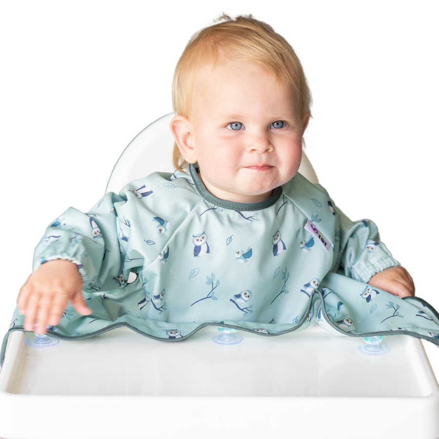 Tidy Tot Cover & Catch long sleeve coverall bib in the Owl design