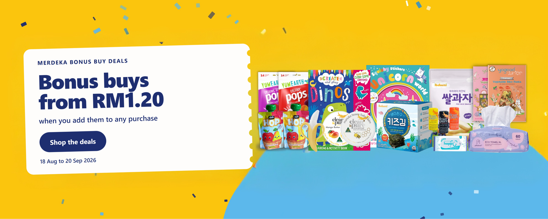 Merdeka Bonus Buy Deals: bonus buys from RM1.20 when you add them to any purchase. Happikiddo, 18 August to 20 September 2026