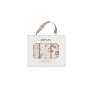 Kays+Kins 3-Pack Bamboo Washcloth in the Petal Mist prints, boxed