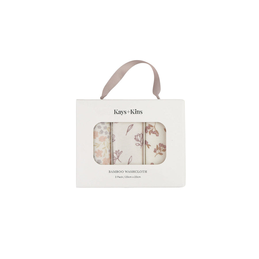 Kays+Kins 3-Pack Bamboo Washcloth in the Petal Mist prints, boxed