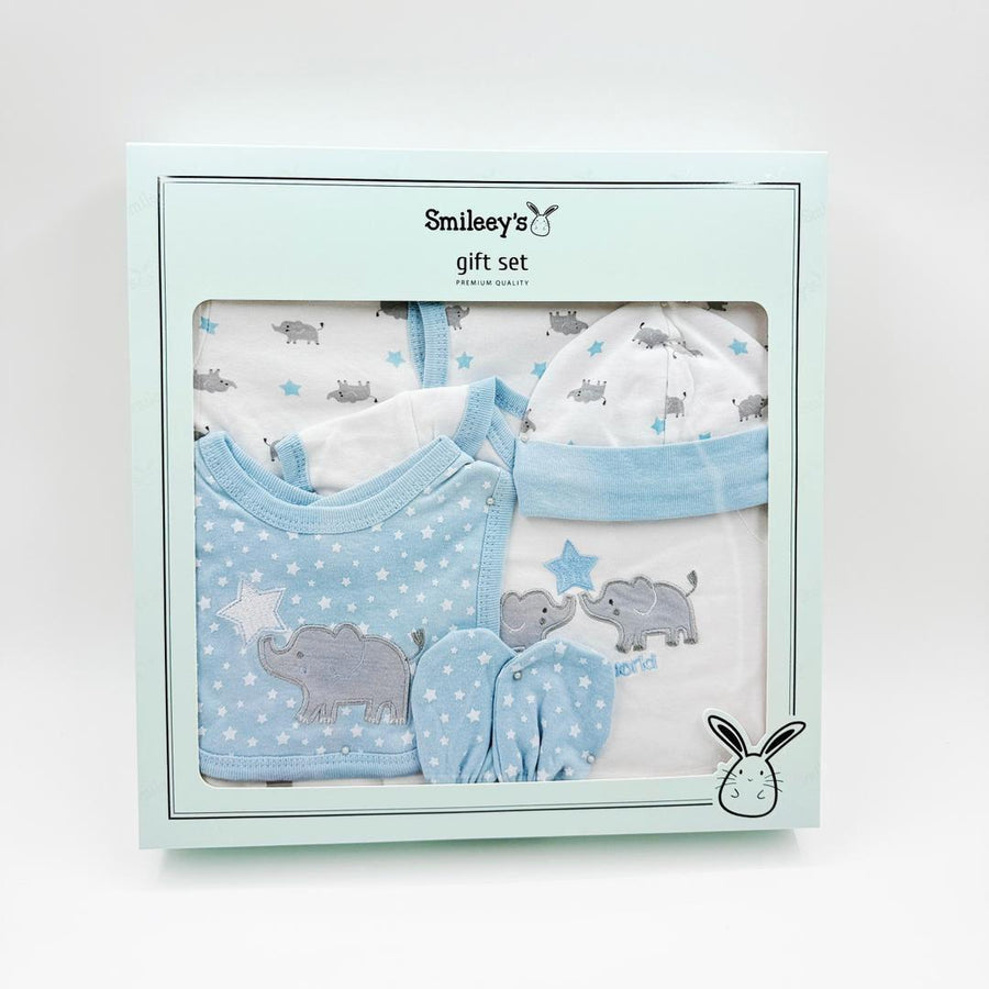 Smileey's 5-piece baby gift set in a mint presentation box - example design shown, elephant and star print