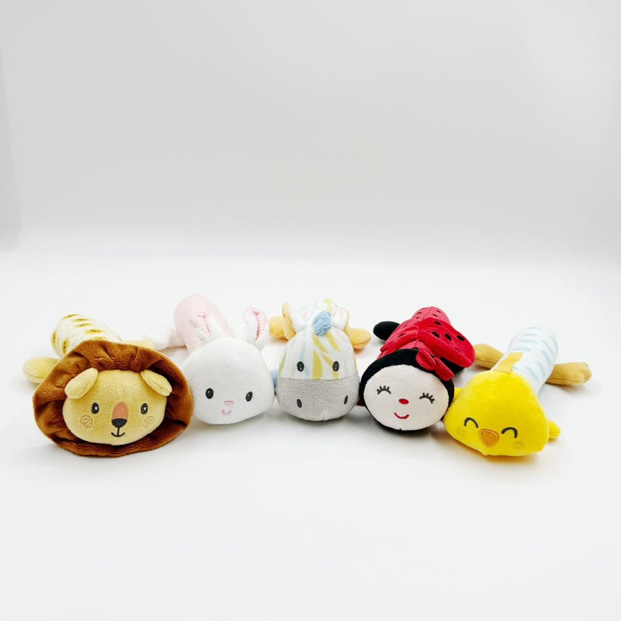 Smileey's Quack-Quack Toy assortment - five plush squeaker toys: lion, bunny, zebra, ladybird and chick