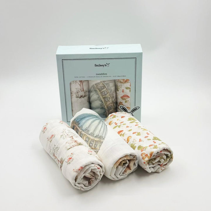 Smileey's 100% Cotton 3pcs Muslin Swaddle