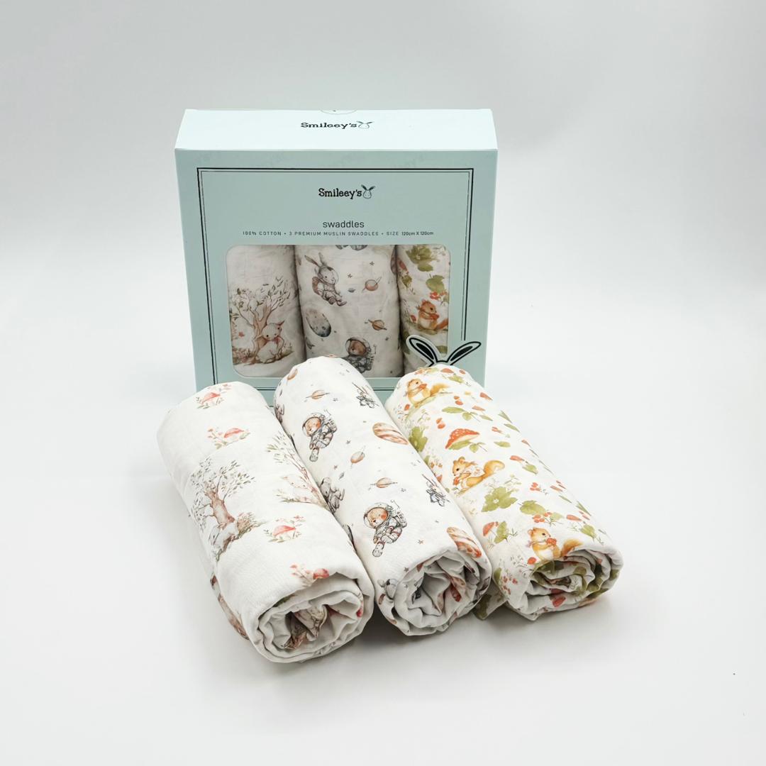 Smileey's 100% Cotton 3pcs Muslin Swaddle