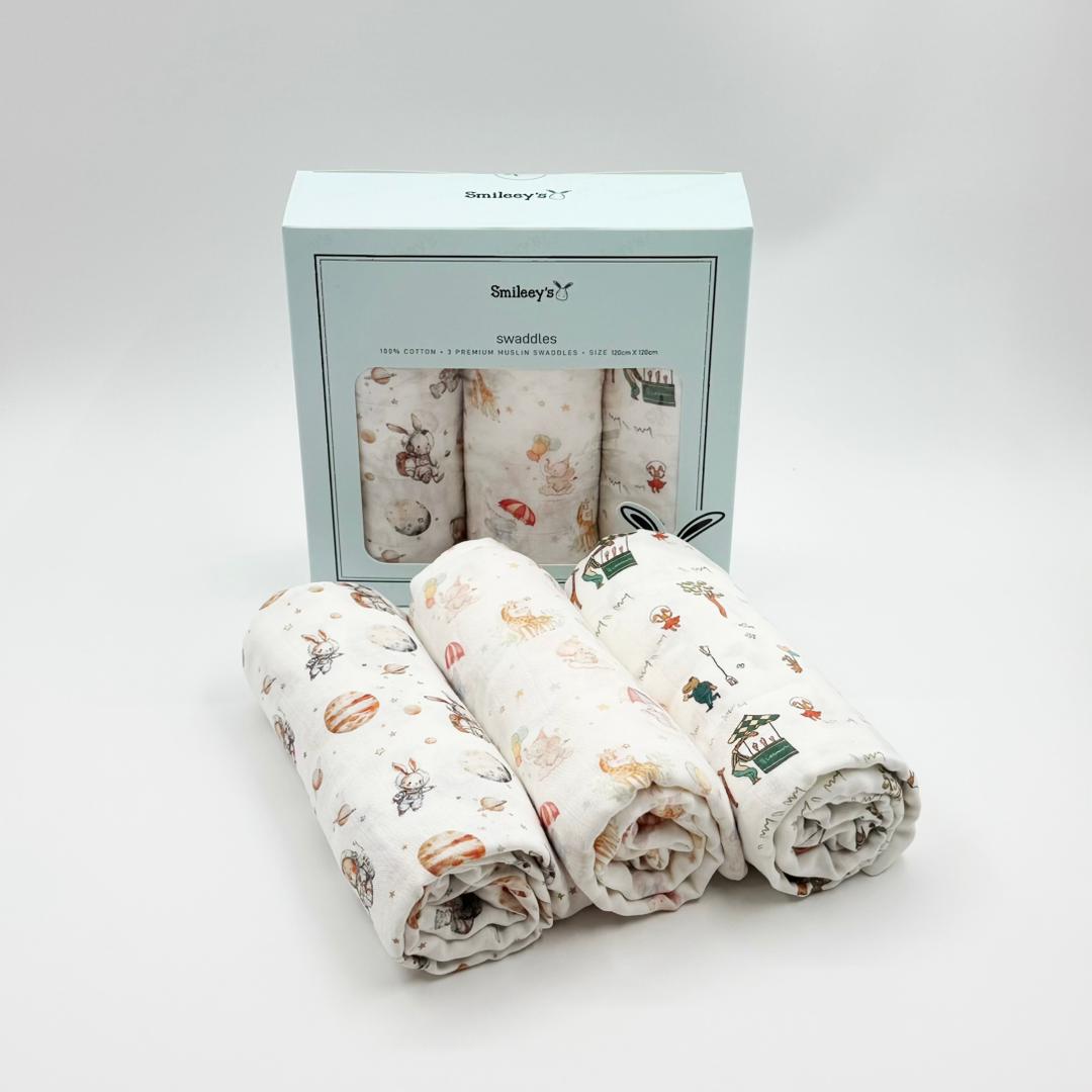 Smileey's 100% Cotton 3pcs Muslin Swaddle