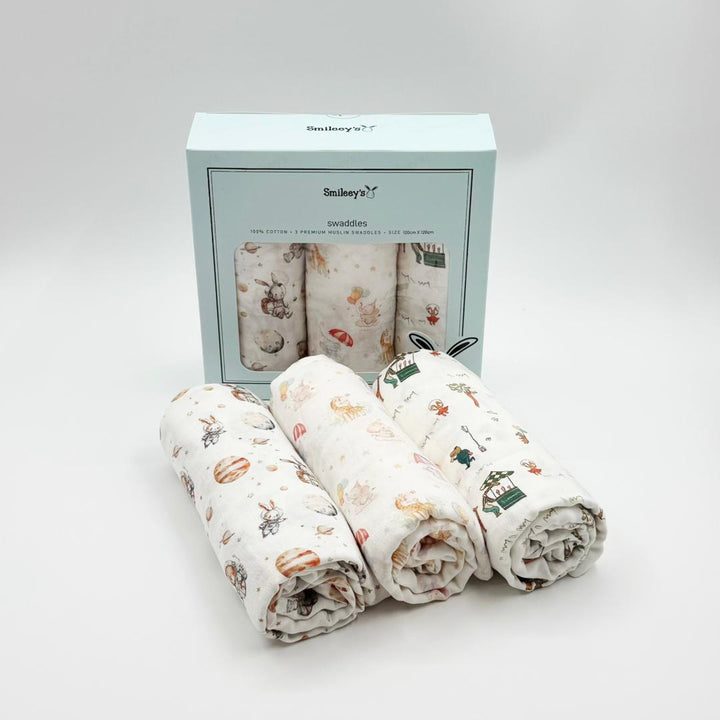 Smileey's 100% Cotton 3pcs Muslin Swaddle