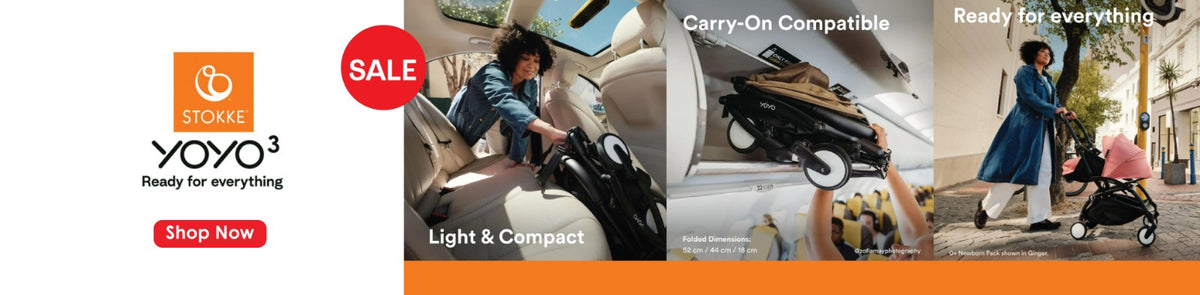 Stokke YOYO³ stroller on sale. Light and compact, cabin-bag friendly when folded (52 × 44 × 18 cm). Shop the YOYO³ range at Happikiddo.