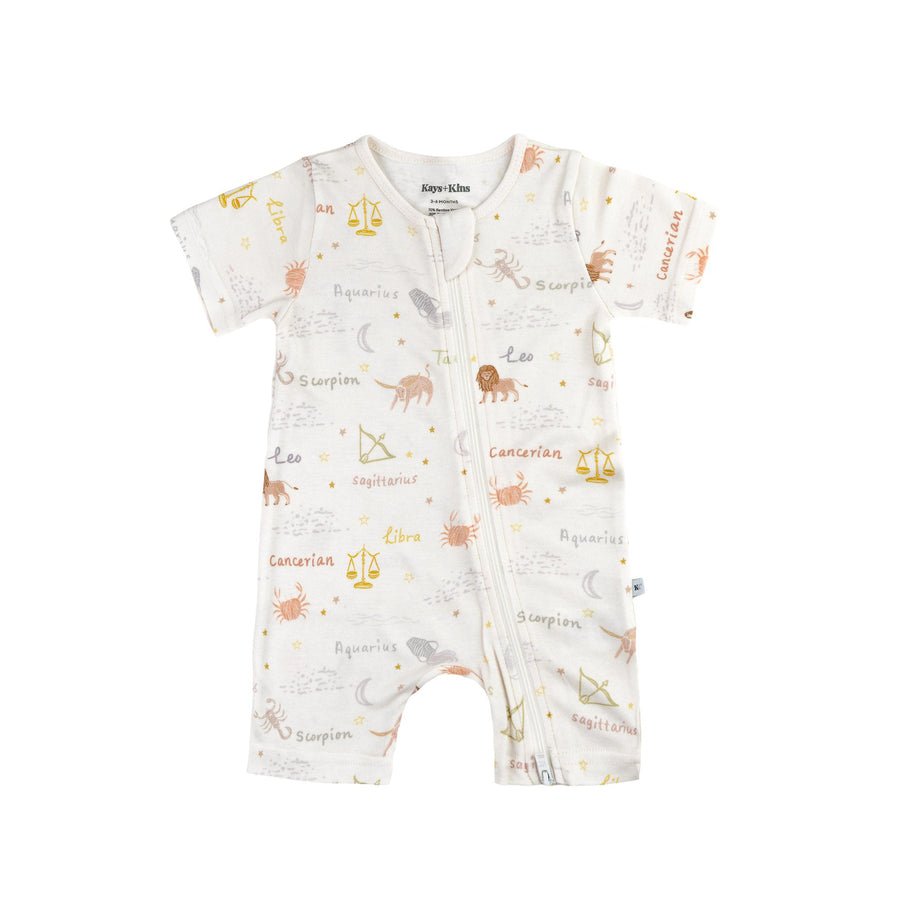 Kays+Kins Zipsuit in the Zodiatte zodiac print, short sleeves and shorts with double zipper