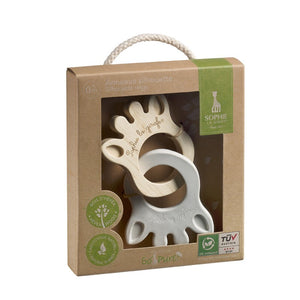 Sophie la girafe silhouette teething rings in their retail packaging