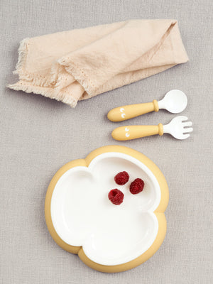 BabyBjorn Baby Plate, Spoon and Fork in Powder Yellow, flat lay