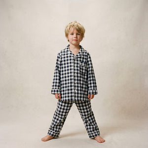 Child wearing the Count & Countess Navy Gingham Pima PJ set