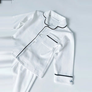 Classic White Pima pyjamas with navy piping, collar detail