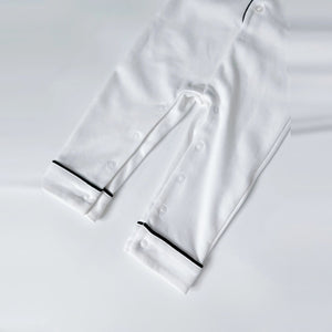 Classic White Pima romper sleepsuit, inside-leg snap placket detail