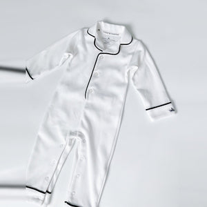 Classic White Pima romper sleepsuit with navy piping