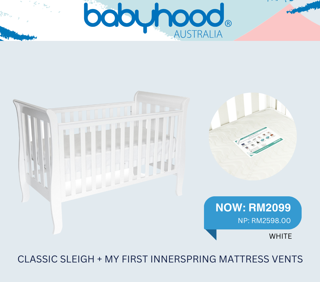 BABYHOOD CLASSIC SLEIGH COT (WHITE) + BABYHOOD MY FIRST INNERSPRING MATTRESS WITH VENTS