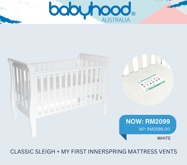BABYHOOD CLASSIC SLEIGH COT (WHITE) + BABYHOOD MY FIRST INNERSPRING MATTRESS WITH VENTS