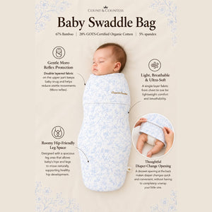 Count & Countess Baby Swaddle Bag features: Moro reflex protection, breathable fabric, hip-friendly legs, nappy-change opening