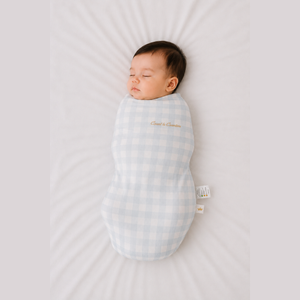 Baby sleeping in the Count & Countess Swaddle Bag, Baby Blue Gingham