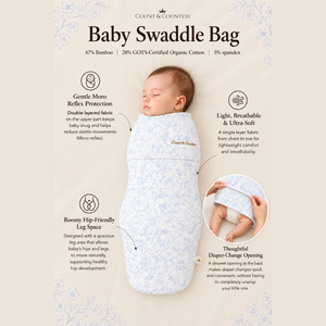 Count & Countess Baby Swaddle Bag features: Moro reflex protection, breathable fabric, hip-friendly legs, nappy-change opening