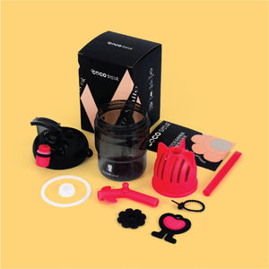 COCO SMILE 550ml flower cup Black Pink shown with lid, straw, strainer and box