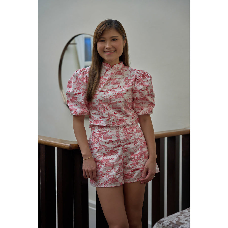 Maison Q Straits Tale Women's Cuffed Sleeves Blouse worn with matching shorts