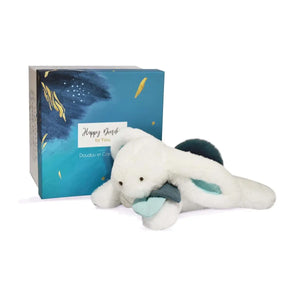 Happy Pop rabbit plush with its illustrated gift box