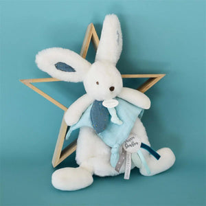 Happy Pop rabbit comforter, peacock pompom and aqua muslin