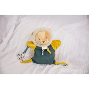 Boh'Aime lion hand puppet, green and ochre print