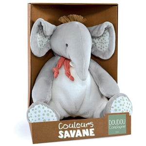 Couleurs Savane elephant plush in its open kraft gift box