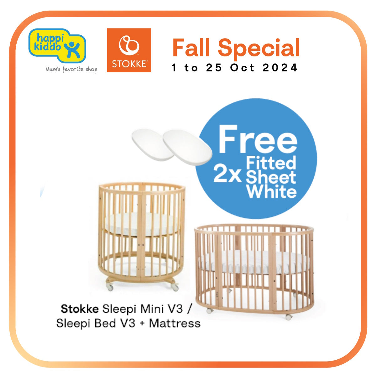 [Stokke Fall Special] Stokke Sleepi Mini Bed V3 (Natural) + Mattress FOC 2x Mini Fitted Sheet White
