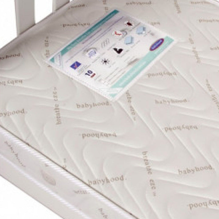 BABYHOOD CLASSIC CURVE COT (NATURAL) + BABYHOOD MY FIRST INNERSPRING MATTRESS WITH VENTS + ORGANIC FITTED SHEET (White or Drops)